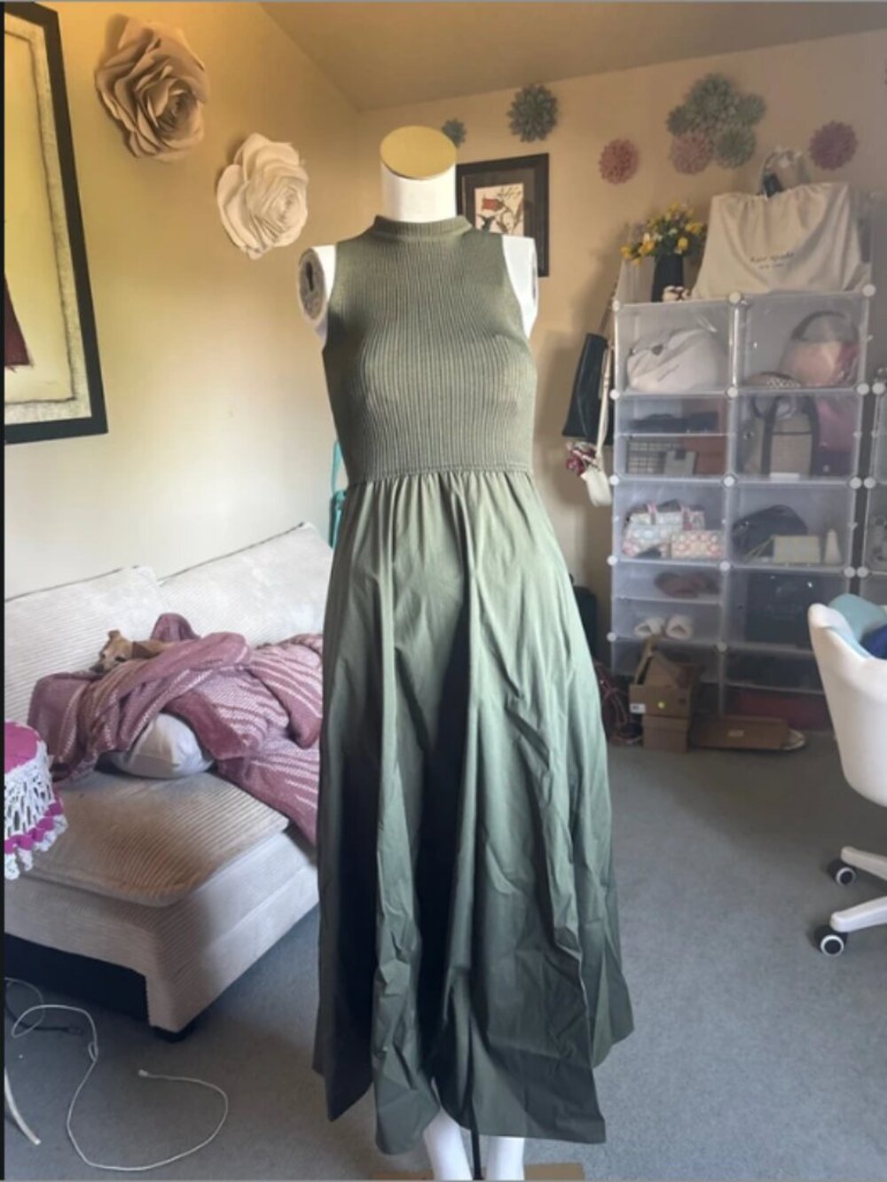 Elan Green Midi Dress XS Sleeveless Mock Neck Ribbed Viscose Rayon NWT Stretch